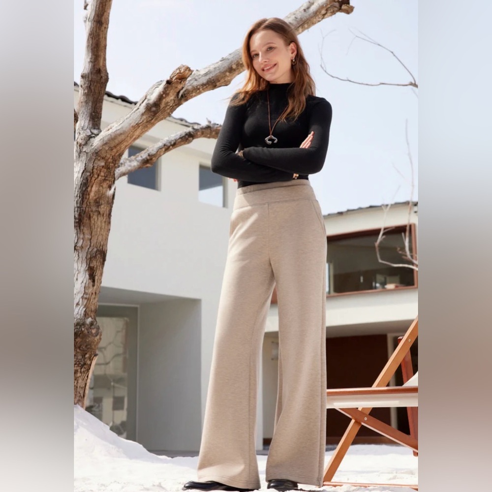 OGL Fuzzluxe Double Waistband Straight Leg Pants w/ Pockets (L) espresso